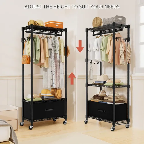 Vista 3 de VyGrow Perchero de Ropa, Perchero de Ropa para Colgar Ropa, Sistema Organizador de Closet Ajustable de 3 Niveles con Cajón Barra para Colgar