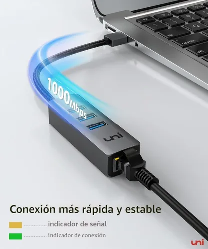 Vista 2 de uni Adaptador USB a Ethernet, concentrador USB 3.0 con 100/1000 Mbps RJ45 Ethernet sin controlador, resistente adaptador de red USB-A a LAN