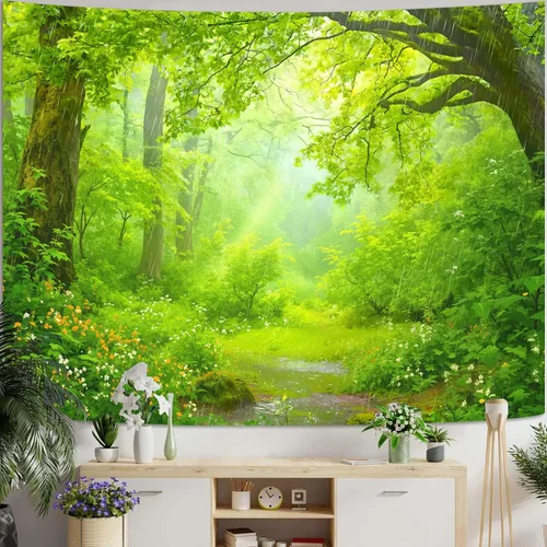 Vista 13 de Kanuyee Tapiz de bosque verde, tapiz de paisaje para pared, tapices de naturaleza para techo y pared, colgante para dormitorio, sala de estar