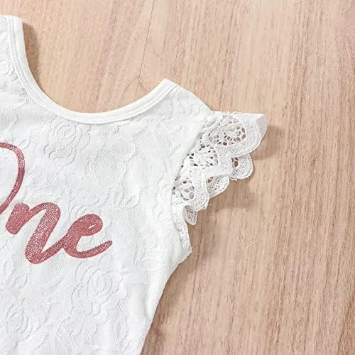 Vista 4 de Conjunto de mameluco de algodón para el primer cumpleaños para niñas con lentejuelas y lazo para la cabeza, 3 piezas