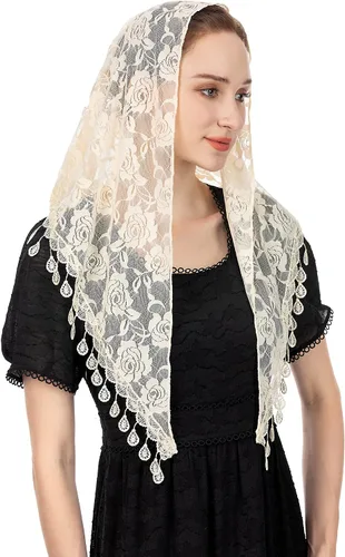 Vista 9 de Wgior Velo Triangular para Iglesia - Encaje de Capilla, Velo Católico para Misa, Bufanda Mantilla para Cubrir la Cabeza de Mujeres Beige