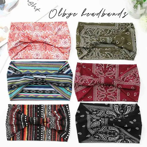 Vista 2 de Olbye Diademas anchas bohemias anudadas turbante elásticas antideslizantes florales diademas para entrenamiento para la cabeza, bandana bohemia