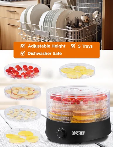 Vista 3 de Commercial Chef Deshidratador de alimentos, cinco bandejas de plástico sin BPA de 9.25 pulgadas, deshidrata y seca carne, frutas, verduras y cecina