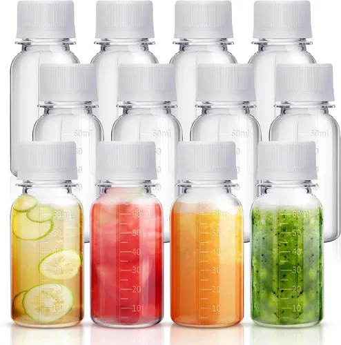 Vista 8 de Tanlade 24 botellas pequeñas de plástico de 4 onzas con tapas, recipientes transparentes reutilizables para jugos, licuados, chupitos de jengibre