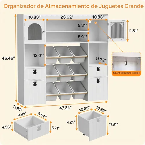 Vista 2 de Organizador de almacenamiento de juguetes para niños de 46.46 pulgadas de alto, baúl de juguetes con estante para libros, cubos de almacenamiento