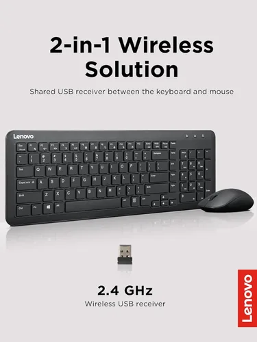 Vista 5 de Lenovo 300 Combo de Teclado y Ratón Inalámbricos, Receptor Nano USB-A de 2,4 GHz, Baterías Incluidas