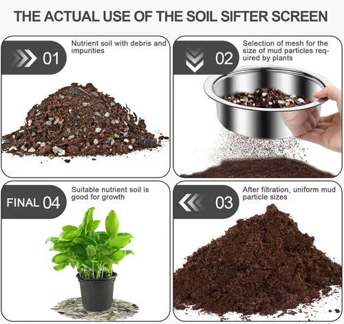 Vista 3 de Juego de tamiz de suelo bonsái para jardinería, tamiz de suelo con 5 mallas intercambiables (0.039 in, 0.118 in, 0.197 in, 0.276 in, 0.354 in)