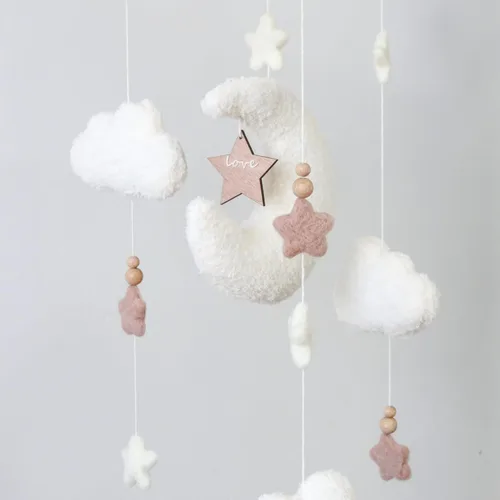 Vista 6 de Móvil para cuna Cloud para niñas y niños, Boucle Cloud Baby Mobile para cuna Neutral Boho Nursery Mobile, estrellas y luna Marrón (Coffee 3)