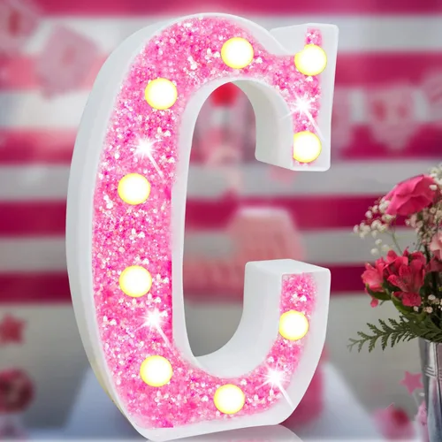 Vista 10 de Letras rosas iluminadas con purpurina, letras del alfabeto rosas, letreros de luces LED en marquesina rosas con batería para iluminación nocturna