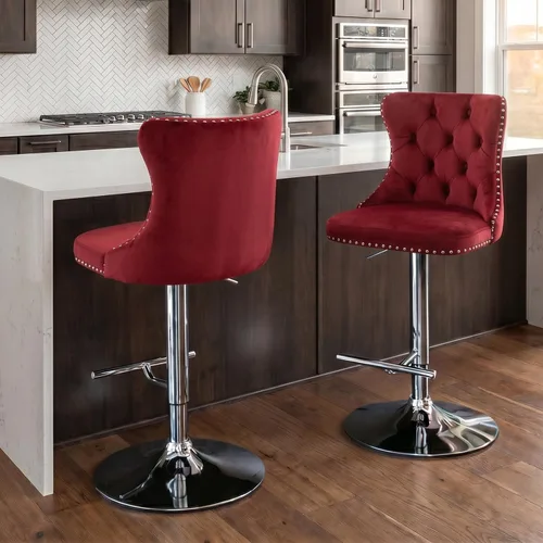 Vista 61 de SoarFlash Juego de 2 taburetes de bar tapizados de terciopelo moderno con patas de madera, botones acolchados, cabeza de clavo cromada, asiento