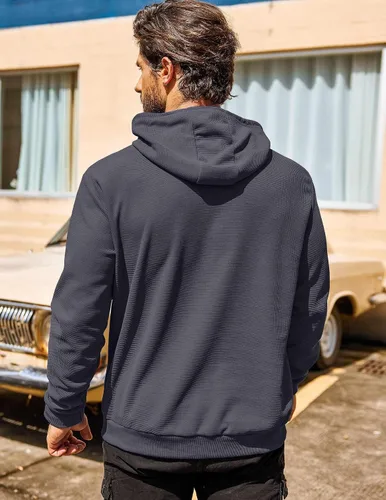 Vista 7 de COOFANDY Sudadera con capucha para hombre, manga larga, casual, con bolsillo, de punto gofre