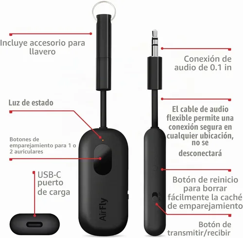 Vista 4 de Twelve South AirFly Pro, transmisor de audio inalámbrico Bluetooth, negro