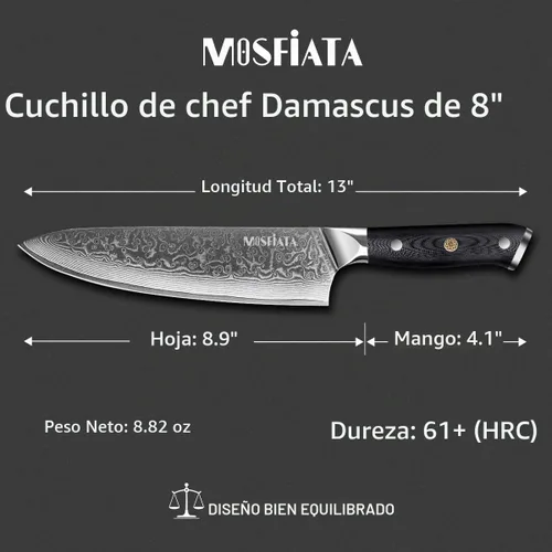 Vista 5 de MOSFiATA Juego de cuchillos de chef profesional de Damasco, 3 piezas, cuchillo de chef de 8 pulgadas, cuchillo Santoku de 7 pulgadas y cuchillo