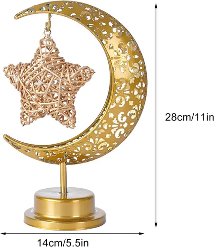 Vista 7 de NFNSIG Lámpara de mesa vintage de luna y estrella, lámpara de escritorio Ramadán con marco de metal, mosaico alimentado por pilas, media luna