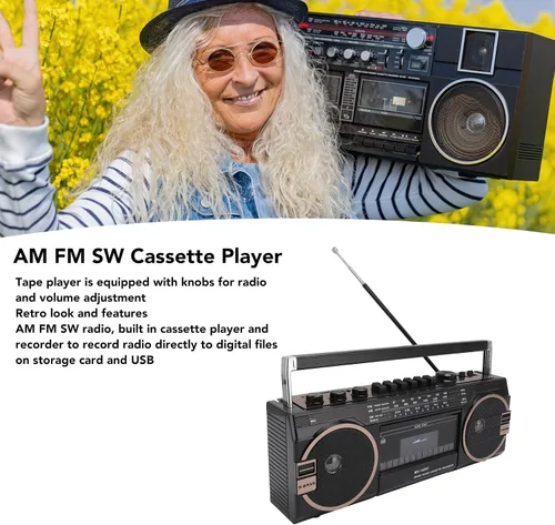 Vista 3 de Reproductor de casete portátil, Retro Blueooth, AM FM SW Radio estéreo reproductor de cinta de casete con altavoz grande y conector