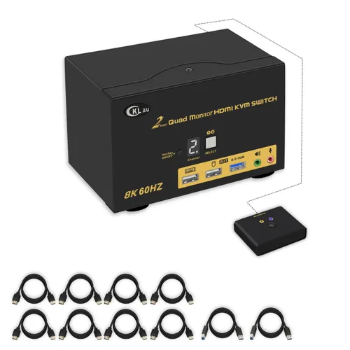 Vista 10 de Conmutador KVM HDMI 2.1 2x2 para 2 computadoras y 2 monitores, 8K @60Hz, 4K @144Hz, Hub USB 3.0, emulación EDID, teclas de acceso rápido