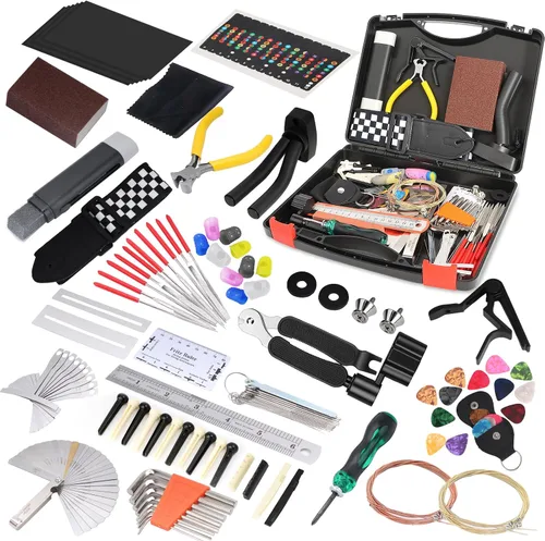 Vista 9 de Kit de herramientas de guitarra de 146 piezas, kit de reparación profesional de guitarra, kit de mantenimiento de guitarra con accesorios