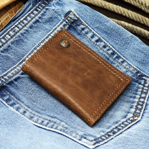 Vista 5 de HOOEY Clásico, liso marrón triple cartera con doble costura marrón borde Logo remache (HTF001-BR)