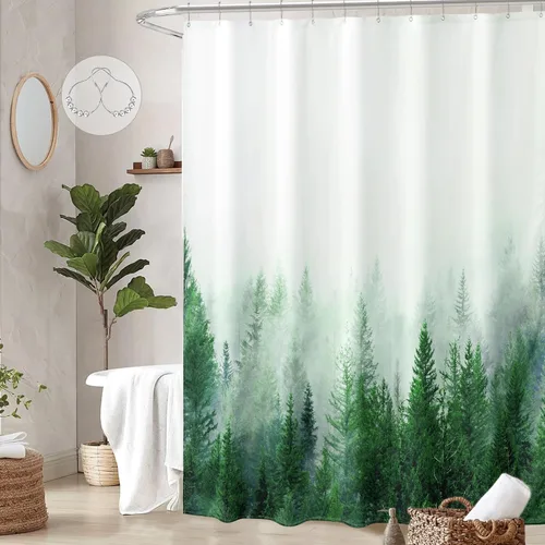 Vista 21 de ORTIGIA 36x72 Cortina de ducha de bosque nebuloso para baño pequeño, cortina de ducha estrecha de naturaleza y bosque en blanco y negro con ganchos