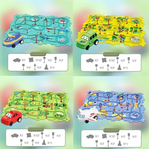 Vista 2 de Relleno de Calcetín Navideño 4 Juegos de Pista de Autos de Carreras Rompecabezas 4 en 1 para Niños, Juego de Pista de Autos de Carreras