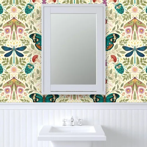 Vista 9 de Muestra de papel tapiz extraíble – insecto damasco insecto botánico grande Jumbo polilla mariposa bosque hongo beige verde azul papel pintado