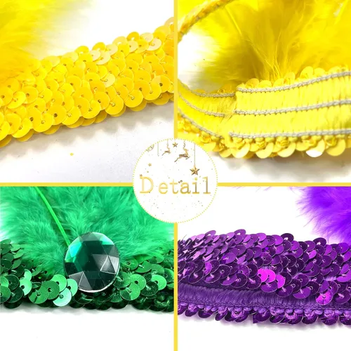 Vista 4 de Bnikion Paquete de 3 diademas de plumas con lentejuelas de Mardi Gras de los años 20, carnaval, fiesta, evento, vendimia, color verde, morado y verde