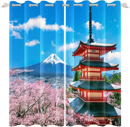 Vista 70 de Cortinas japonesas con pintura de tinta, monte Fuji, sol rojo, puesta de sol, hojas de bambú, cortinas de ventana para dormitorio, sala de estar