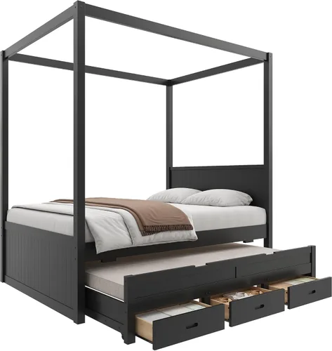 Vista 5 de Wood Canopy Platform Bed Full with Headboard, Trundle and 3 Drawers Negro-8.1