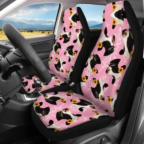 Vista 2 de Funda de asiento de coche rosa con estampado de vaca, suave, transpirable, para asiento delantero, asiento trasero, juego completo de 4