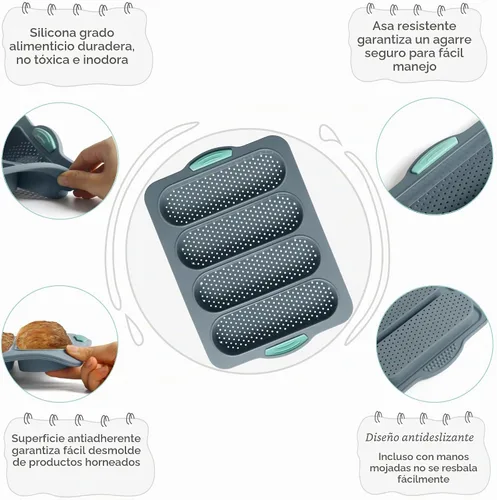 Vista 4 de Sartén para pan de baguette, sartén antiadherente de silicona de grado alimenticio, bandeja para hornear pan francés perforado de 4 cavidades