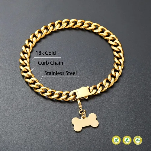 Vista 6 de SUNEW Collar para caminar con diseño de placa de identificación de perro con hebilla segura, collar de cadena de eslabones cubanos resistente a