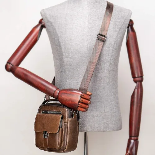 Vista 7 de Monederos y bolsos para hombre, pequeño, mini bolso de hombro de cuero genuino para hombres con muchos bolsillos con cremallera