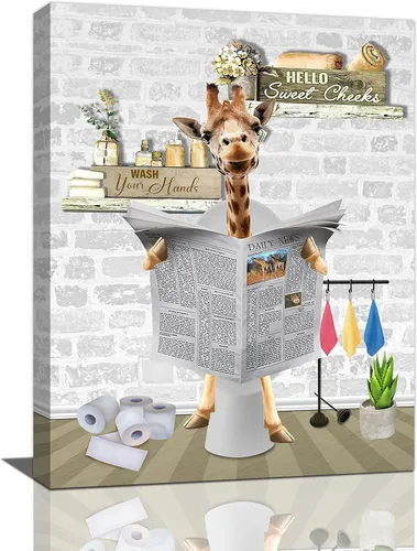 Vista 10 de Fuzawet Arte de pared de oso para decoración de baño, lienzo de lectura de periódico, negro en el inodoro, imágenes divertidas de animales