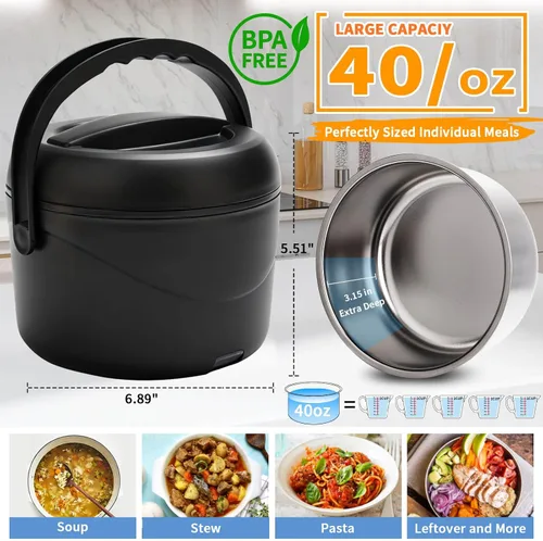 Vista 3 de Aotto Caja de almuerzo eléctrica, calentador de alimentos portátil de 40 oz, calentador de almuerzo portátil para trabajo/oficina/coche/viaje