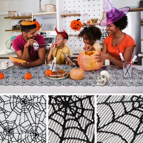 Vista 3 de Camino de mesa de Halloween, tela de araña de encaje negro, para decoración de Halloween, fiesta, decoración de mesa de comedor, 18 x 72 pulgadas