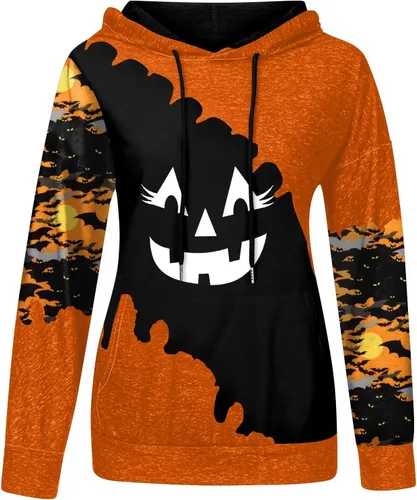 Vista 3 de Sudaderas con capucha de Halloween para mujer 2023 otoño, lindas sudaderas de gran tamaño con estampado de cara de calabaza con bolsillo