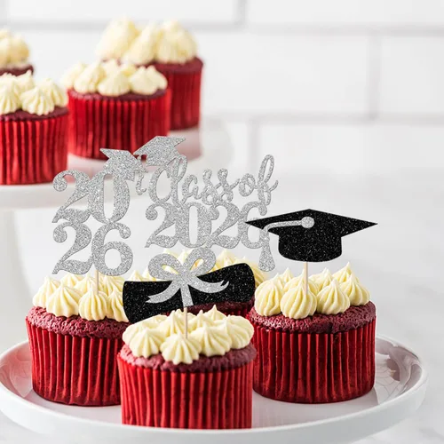 Vista 5 de Paquete de 24 adornos para cupcakes de clase de 2026 con purpurina 2026 para diploma de graduación 2026, selecciones para cupcakes para graduación