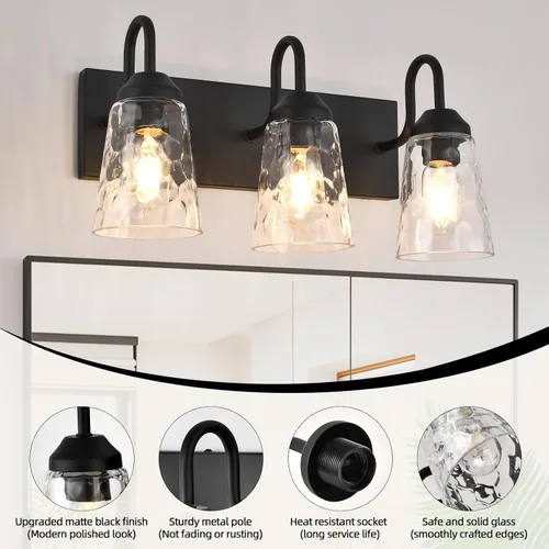 Vista 3 de Lámpara de baño de 3 luces, luces costeras con pantalla de cristal de cristal, lámpara de pared negra para espejo de cocina, pasillo, dormitorio