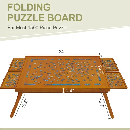 Vista 2 de TEAKMAMA Tablero de rompecabezas de madera de 1500 piezas con 4 cajones, mesa de rompecabezas plegable con cubierta protectora, tablero de Marrón