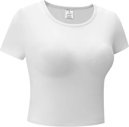 Vista 3 de Camisetas cortas de manga corta para mujer, camisetas básicas de cuello redondo