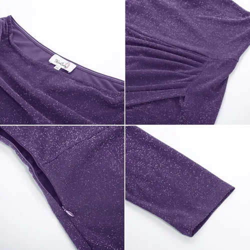 Vista 6 de KIMCURVY Vestido midi con purpurina para mujer, talla grande, con un hombro descubierto, fruncido, para fiesta de cóctel
