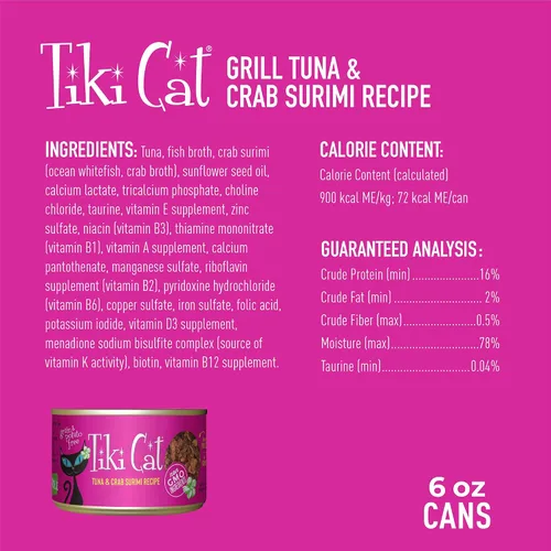 Vista 4 de Tiki Cat - paquete de 8, lata de 6 onzas, atún Lanai Luau en consomé de surimi de cangrejo Wet Cat Food, High Protein, Real Flaked Tuna and Crab