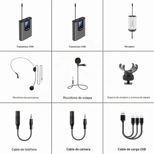 Vista 8 de Hotec Sistema inalámbrico con micrófonos de auriculares duales/micrófonos de solapa Lavalier y transmisores de bodypack y un mini receptor