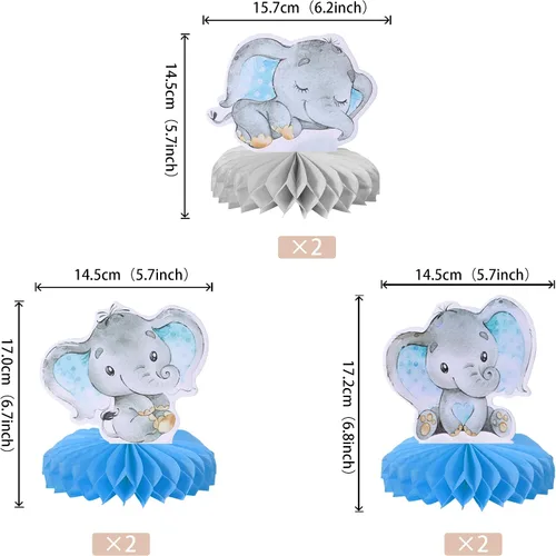 Vista 2 de ZHUOWEISM 6 piezas de centro de mesa de panal de elefante azul para It's a Boy Elephant Theme Reveal Género Reveal Baby Shower Niños Niños Fiesta