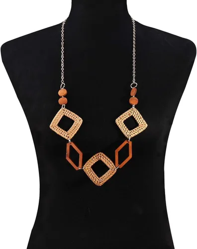Vista 2 de LENOOCLE Long Necklaces for Women Bohemian Geometric Rattan Pendant Necklace Wood Straw Woven Handmade Collar Necklace Beach jewelry Gift