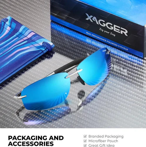 Vista 5 de Xagger Gafas de sol polarizadas para hombre, marco de metal sin marco, protección UV400, gafas de sol
