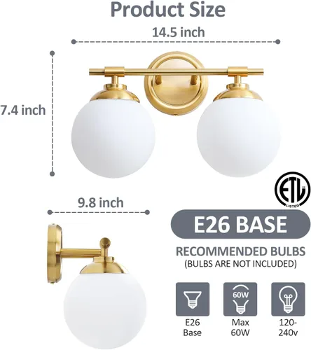 Vista 2 de Rayogale Lámparas de baño doradas, ETL 2 luces de tocador sobre espejo con vidrio esmerilado, iluminación suave, apliques de baño de 15 pulgadas