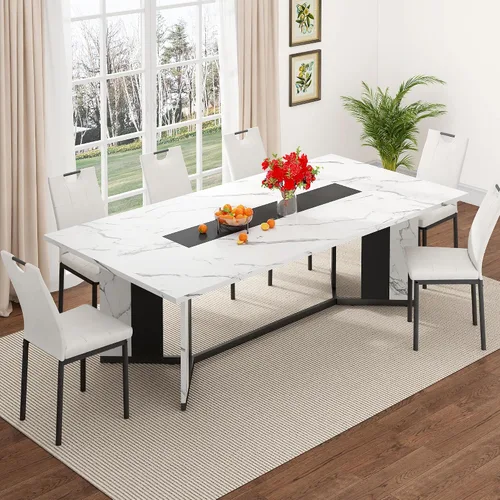 Vista 13 de chartustriable Mesa de comedor para 4 a 6 personas, mesa de cocina moderna grande de 71 pulgadas con diseño de camino de mesa integrado, mesa
