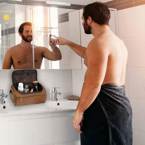 Vista 7 de Neceser de cuero personalizado para hombres con gancho, regalo de padrinos de boda, bolsa de viaje con grabado láser, monograma de cuero, regalo