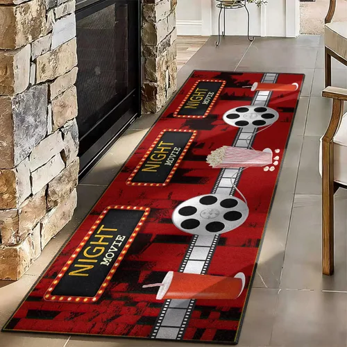 Vista 18 de Alfombra retro de cine en casa, 1.3 x 7 pies, patrón clásico de tablilla negra y carrete de película, alfombra decorativa antideslizante para sala